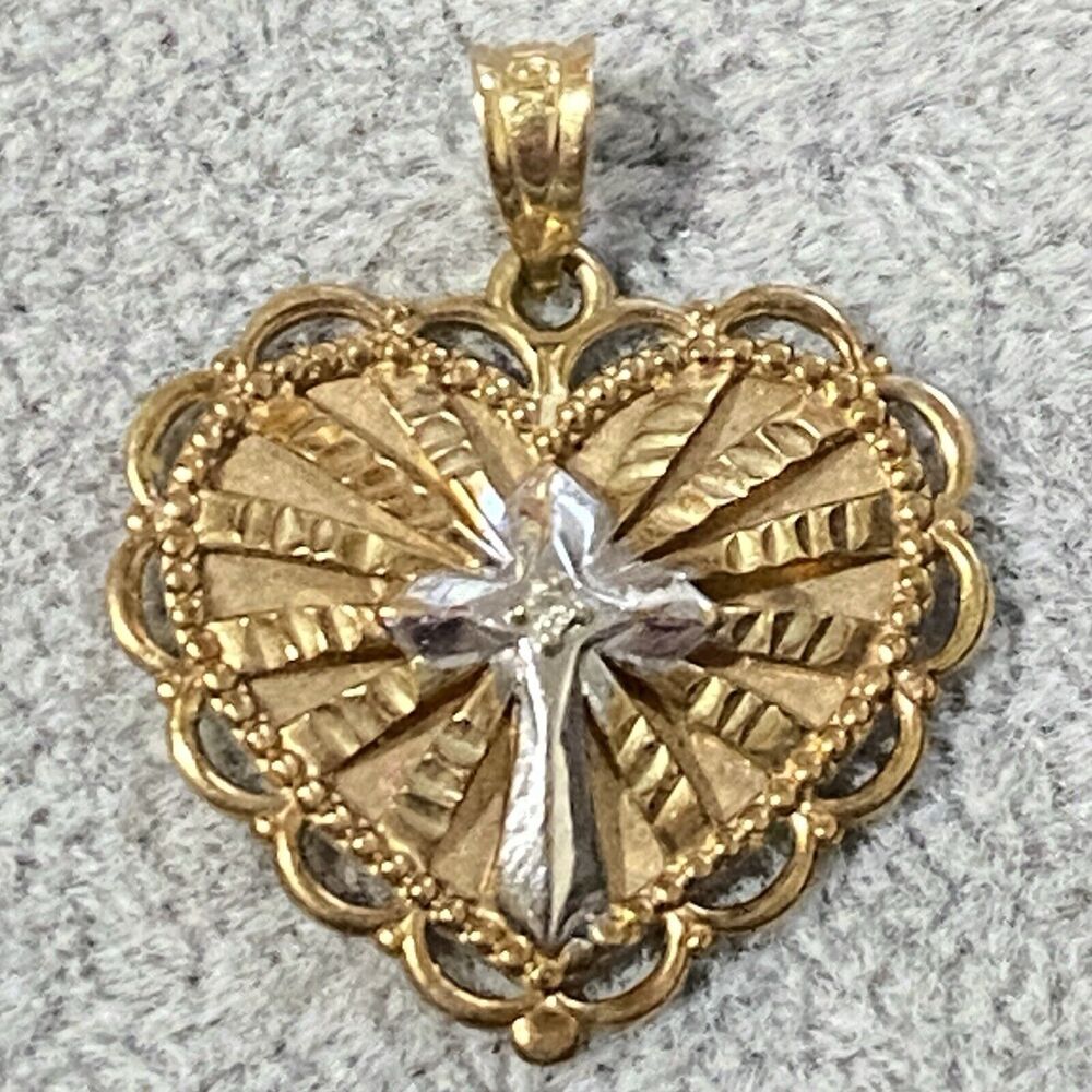 10K Yellow White Gold Heart Cross Pendant MA Michael Anthony